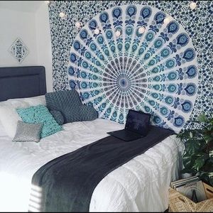 blue and white mandala tapestry